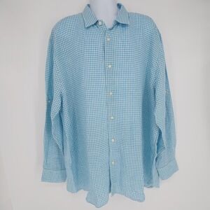 Isle Bay Linen Button Down Shirt Mens XXL Blue Check Roll Tab Sleeve Resort